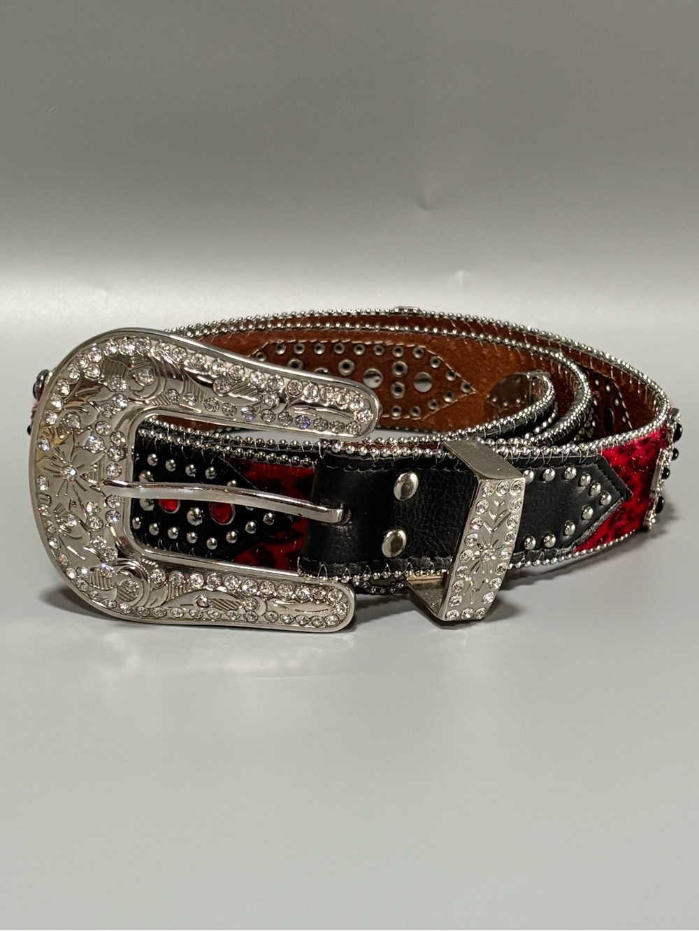 Western Red Black Leopard Print Studded & Crystal Embellished Leather Belt XL